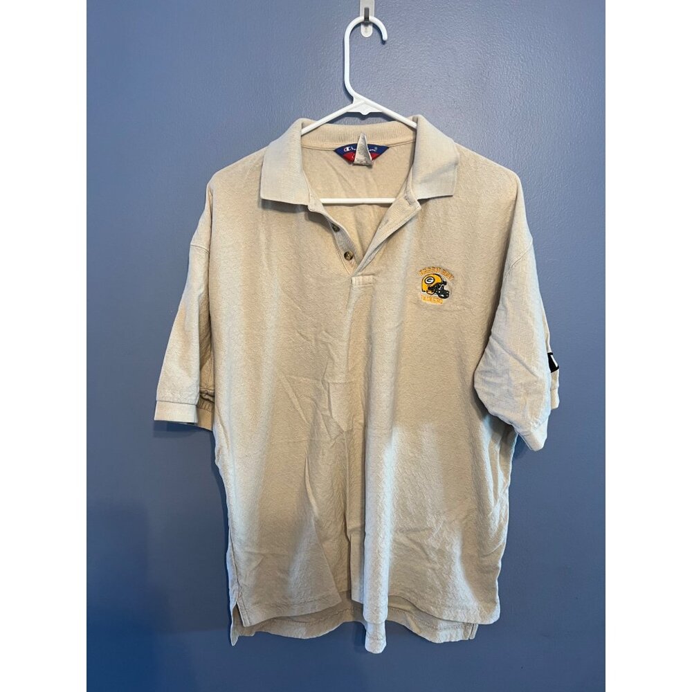 NFL Green Bay‎ Packers Champion Textured Beige Polo Size Large, Embroidered Logo